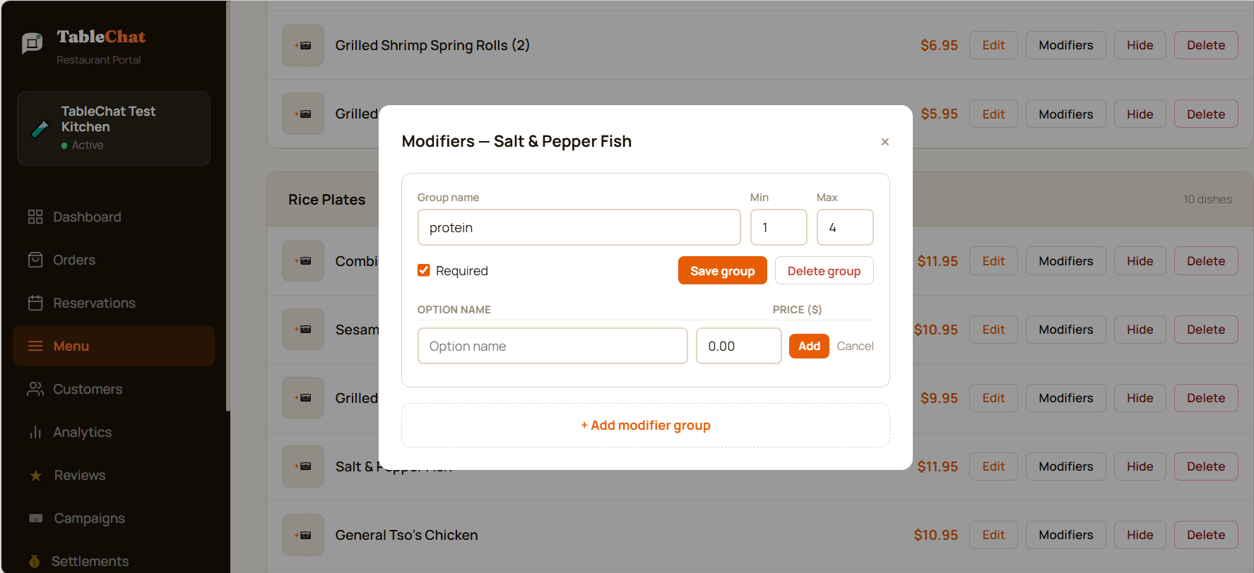 TableChat restaurant management portal